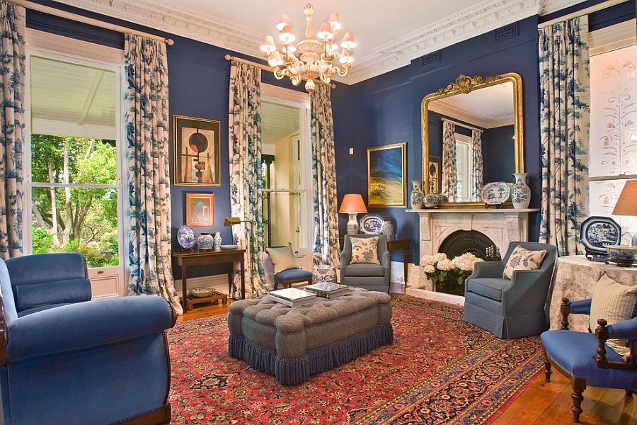 dark blue victorian living room decor