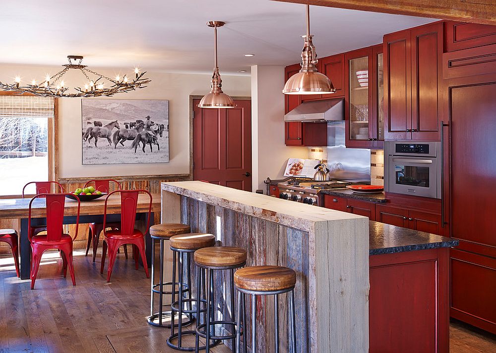 Classic chair brings color to the rustic dining room [Design: Laura U]