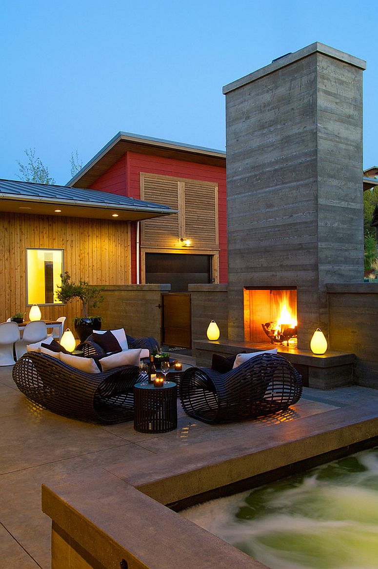 Contemporary patio and hangout with a cool, contemporary fireplace [Design: RCO Designers]