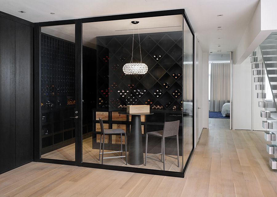 Contemporary wine cellar and tasting space with glass walls [Design: d'apostrophe design]