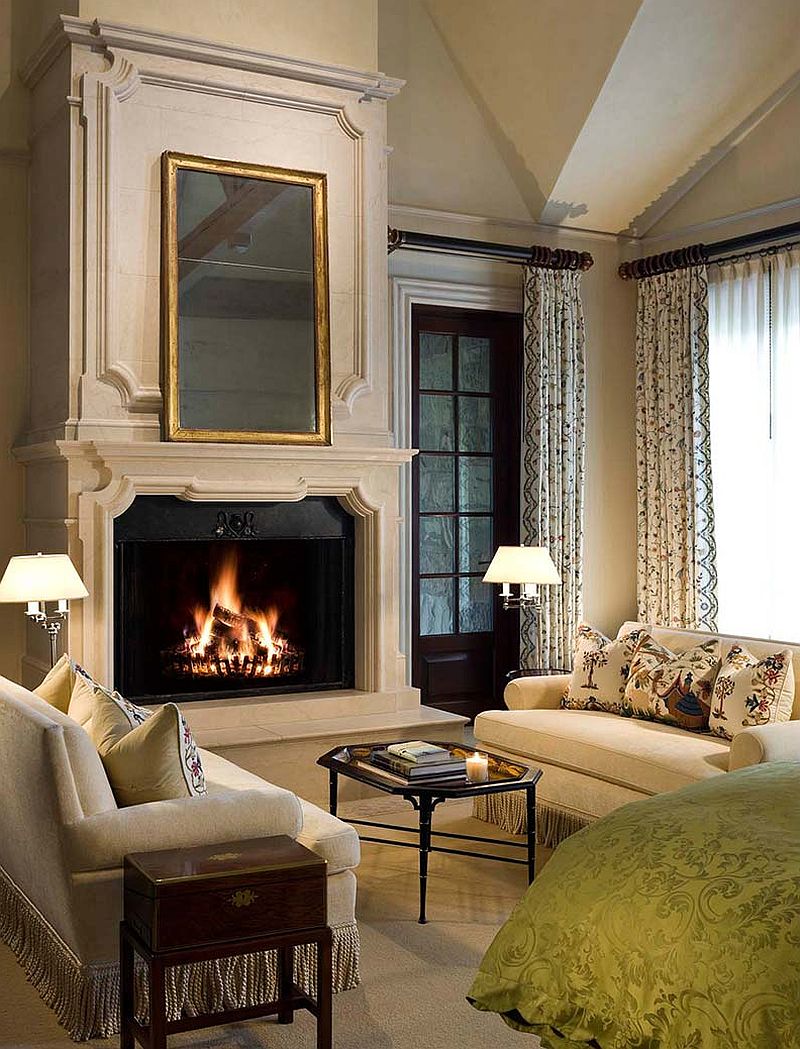 Cozy fireplace and conversation nook in the luxurious bedroom