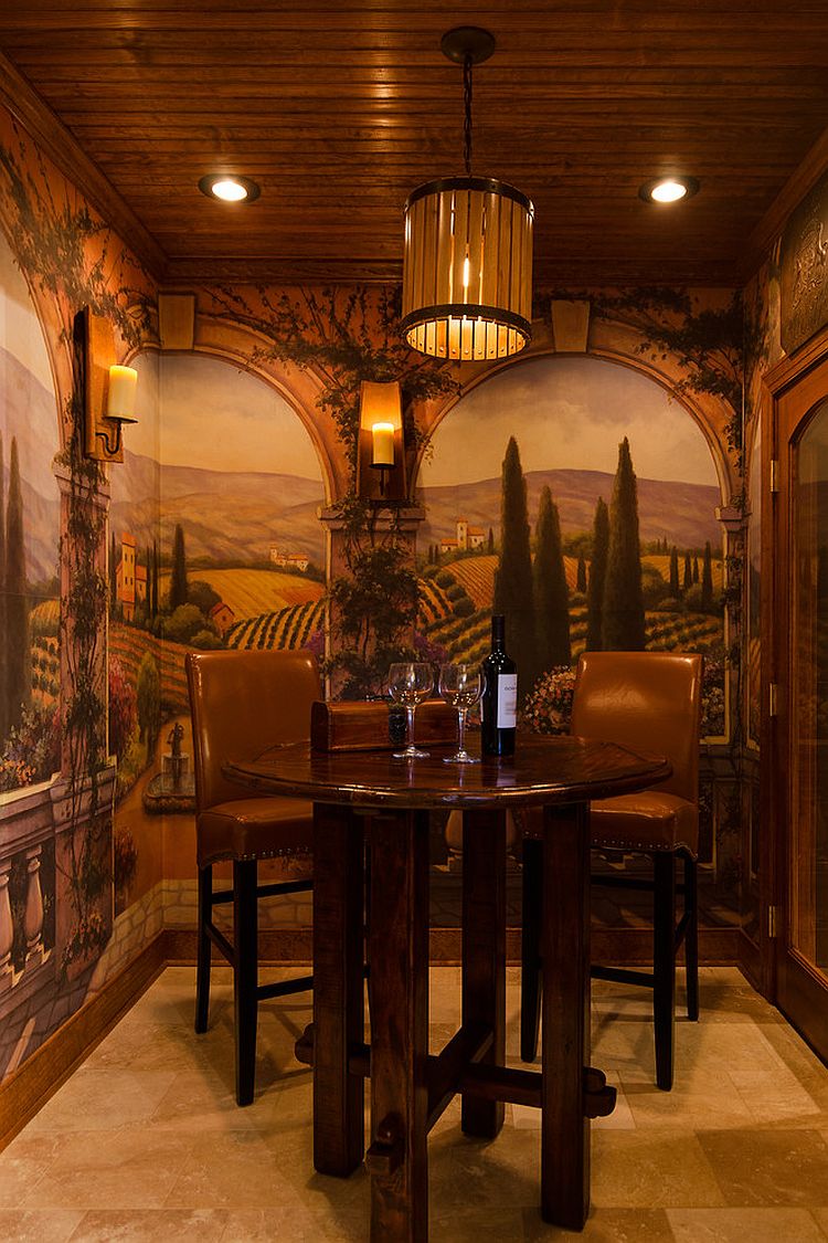 Custom Tuscan style tasting room and wine cellar with a unique backdrop [Design: Lane Homes & Remodeling]