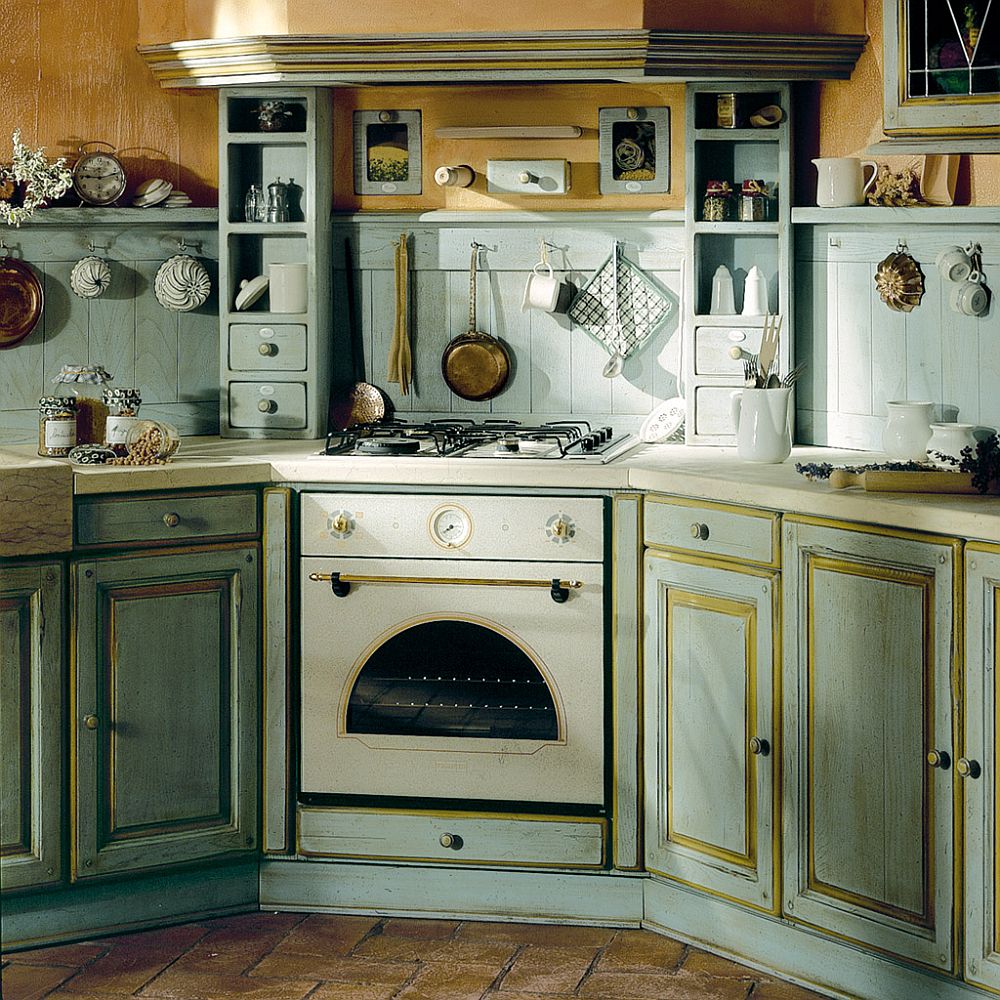 Custom cabinetry and stone or marble tiles worktops draw inspiration from Mediterranean kitchens