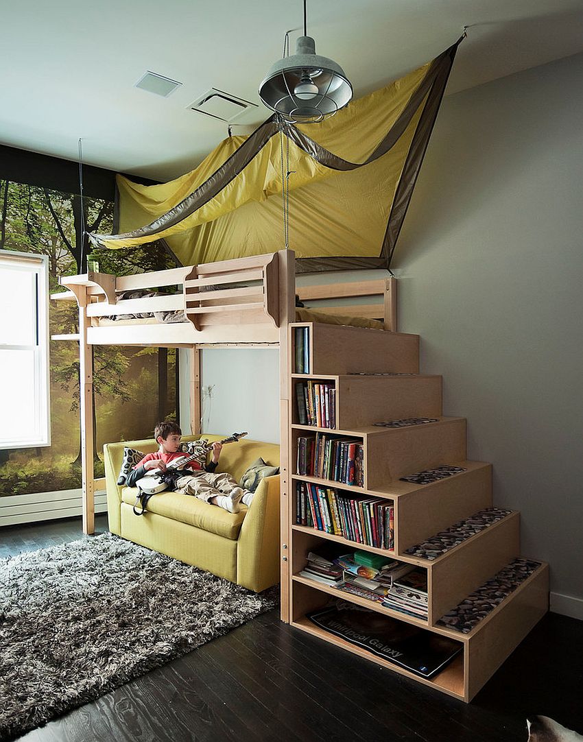 Custom stair shelves are a popular option in kids rooms with bunk and loft beds [Design: Tamara Hubinsky Interiors]