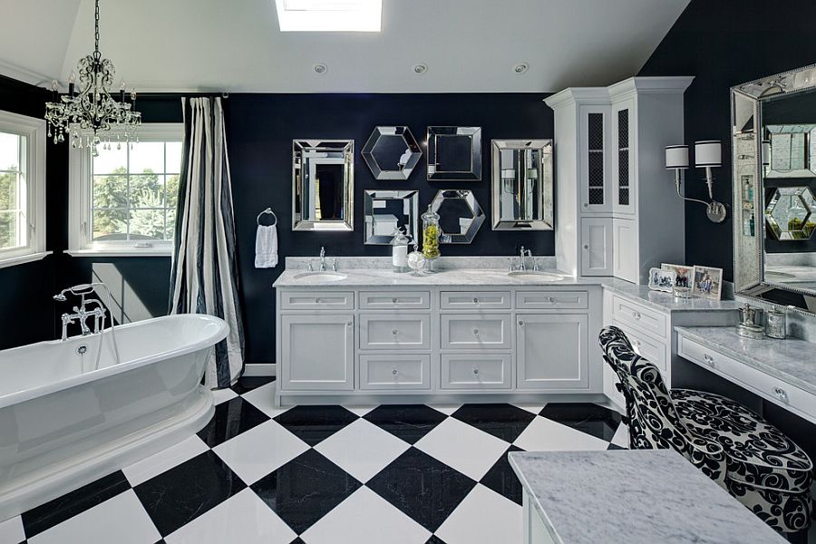 Dashing master bathroom with a collection of mirrors above the vanity [Design: Drury Design]