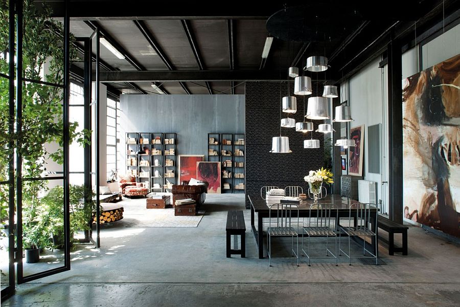 Dining room with cascading pendant lighting and an open ambiance