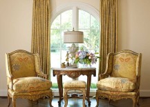 Victorian room with curtains.