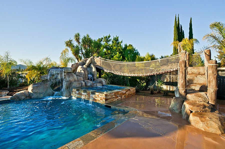 Exapnsive pools with waterfalls are perfect for the tropical backyard