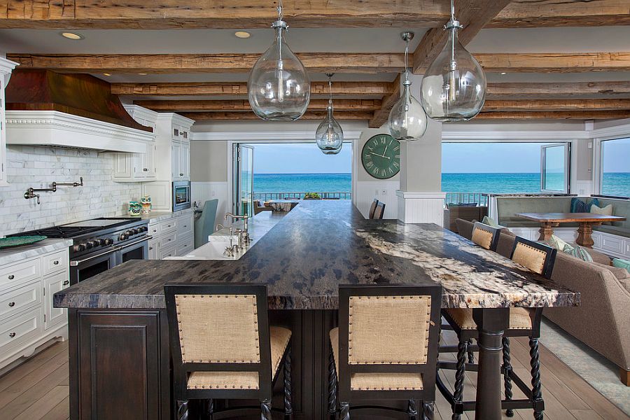 Expansive beach style kitchen with ocean view [Design: James Glover Residential & Interior Design]