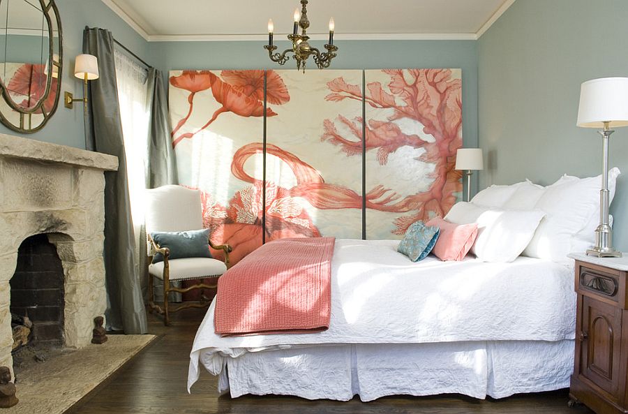 Fabulous art piece adds to the coastal style of the bedroom [Design: Lori Smyth Design]