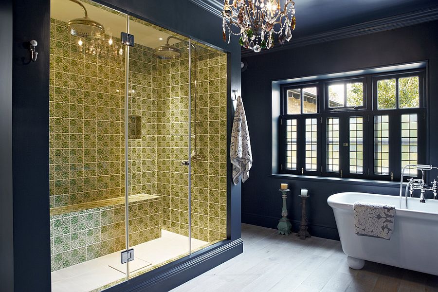 Fabulous eclectic bathroom with dark blue and vivacious yellow for the shower area [Design: Godrich Interiors]