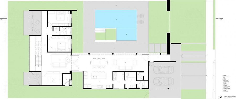 Floor plan of first level of contemporary home in Brazil