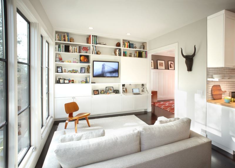 Fold-down desk in a family room