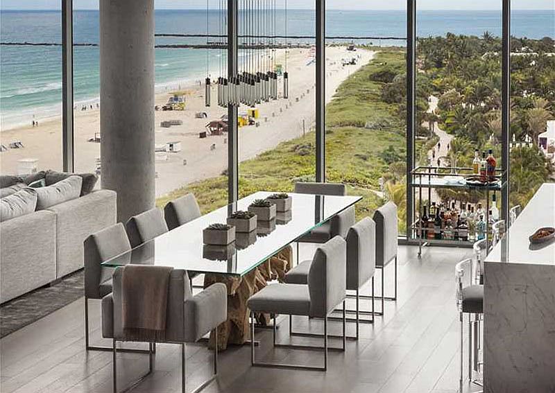 Formal dining area of the Miami penthouse with an ocean view