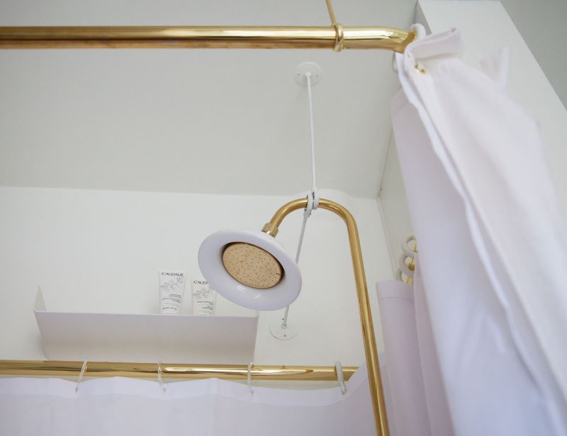 Gold-toned shower head in a chic powder room