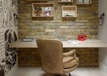 Home-office-with-brick-wall-custom-wooden-shelves-and-comic-strip-styled-wall-art-217x155