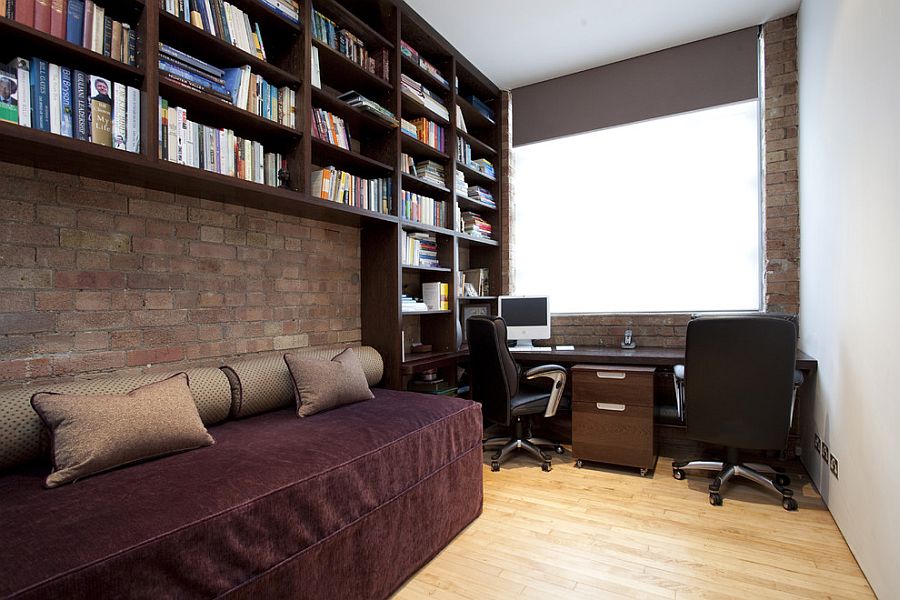 Home office with daybed and open bookshelves above [From: Increation]