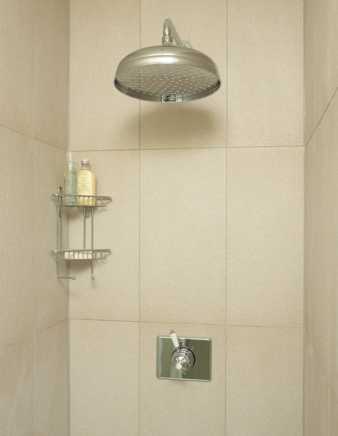 Large shower head in a tiled shower