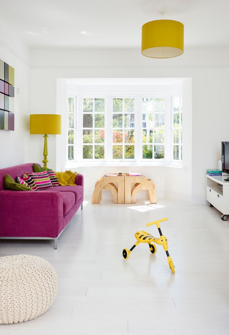 Light-filled living room with a child's table