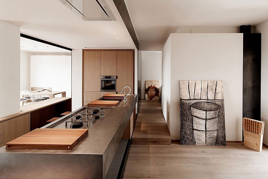 Long kitchen island design for the revamped apartment in Italy