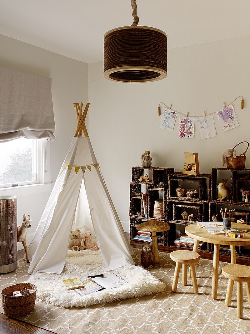 Lovely, open shelves next to the teepee add to the modern rustic style of the room