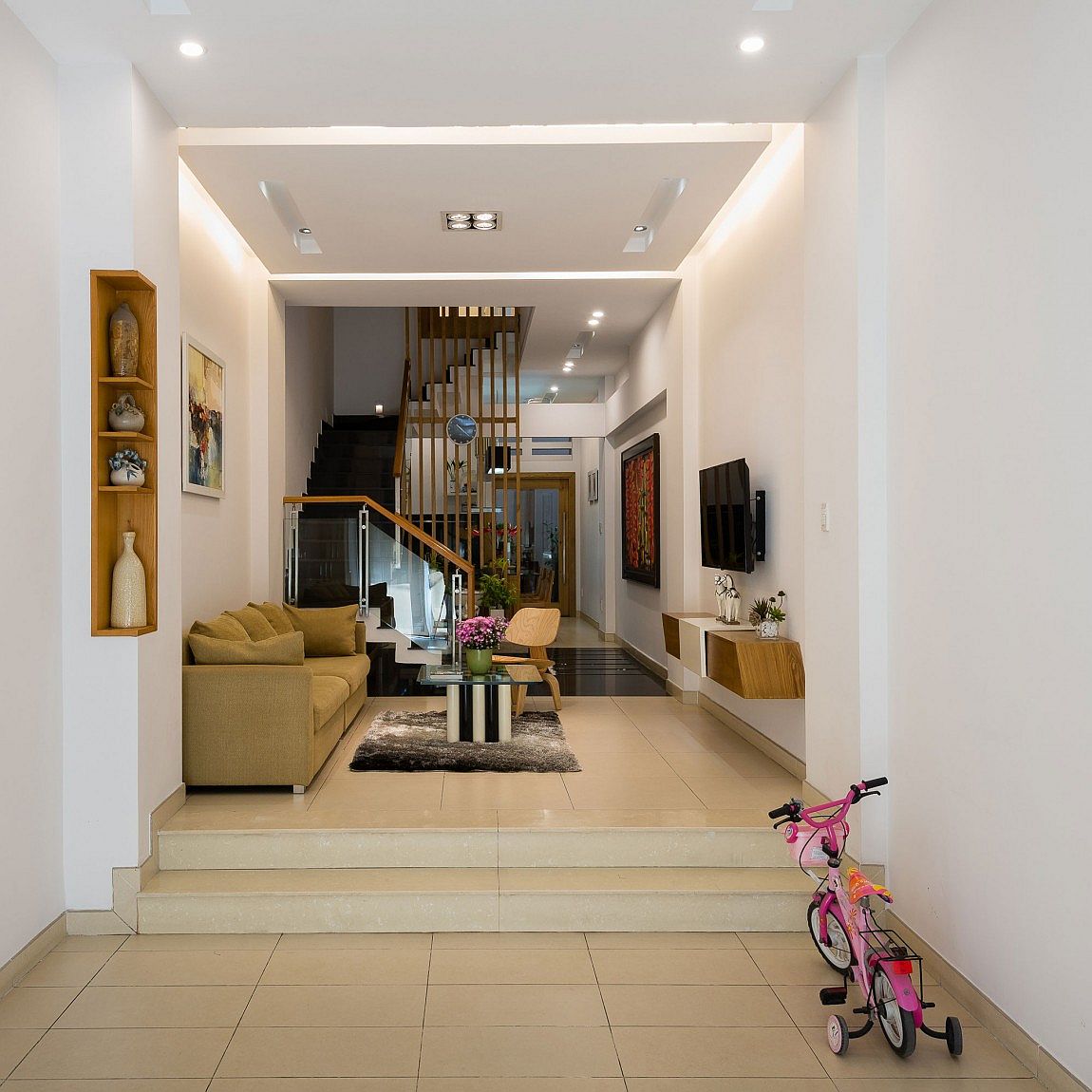 Lower level living area of the modern home in Vietnam