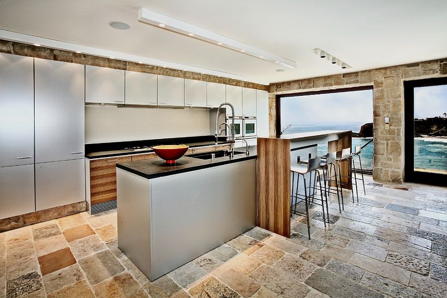 Mediterranean kitchen with ocean view clad in Reclaimed Biblical Limestone [Design: Neolithic Design Stone and Tile]