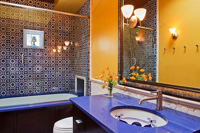 Modern Mediterranean bathroom with loads of color and pattern [Design: Susan E. Brown Interior Design]