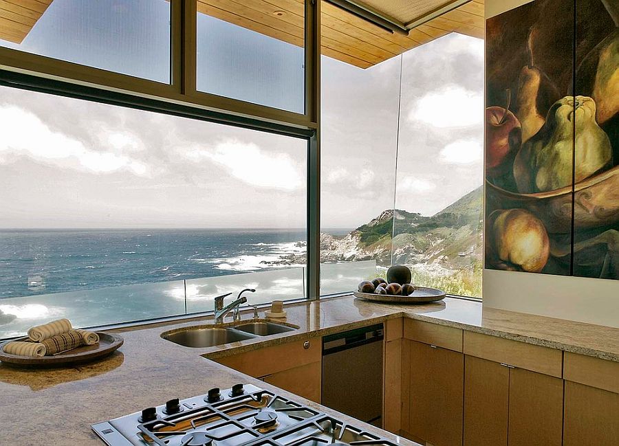 Narrow contemporary kitchen with ocean view [Design: Studio Schicketanz]