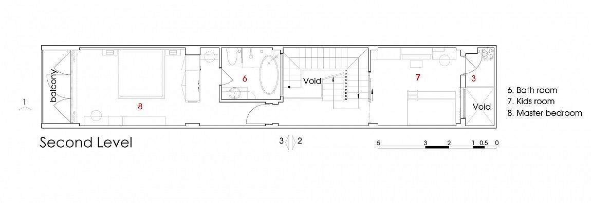 Narrow urban home master bedroom level floor plan