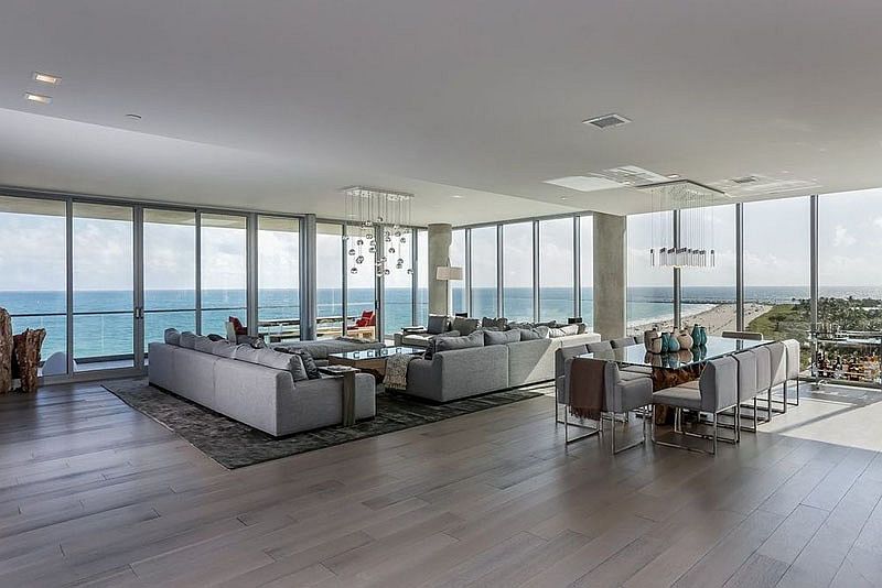 Open plan living area of the Miami Beach penthouse with amazing ocean views