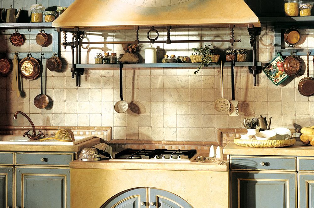 Open shelves and exposed iron detailing elevate the style quotient of the country style kitchen