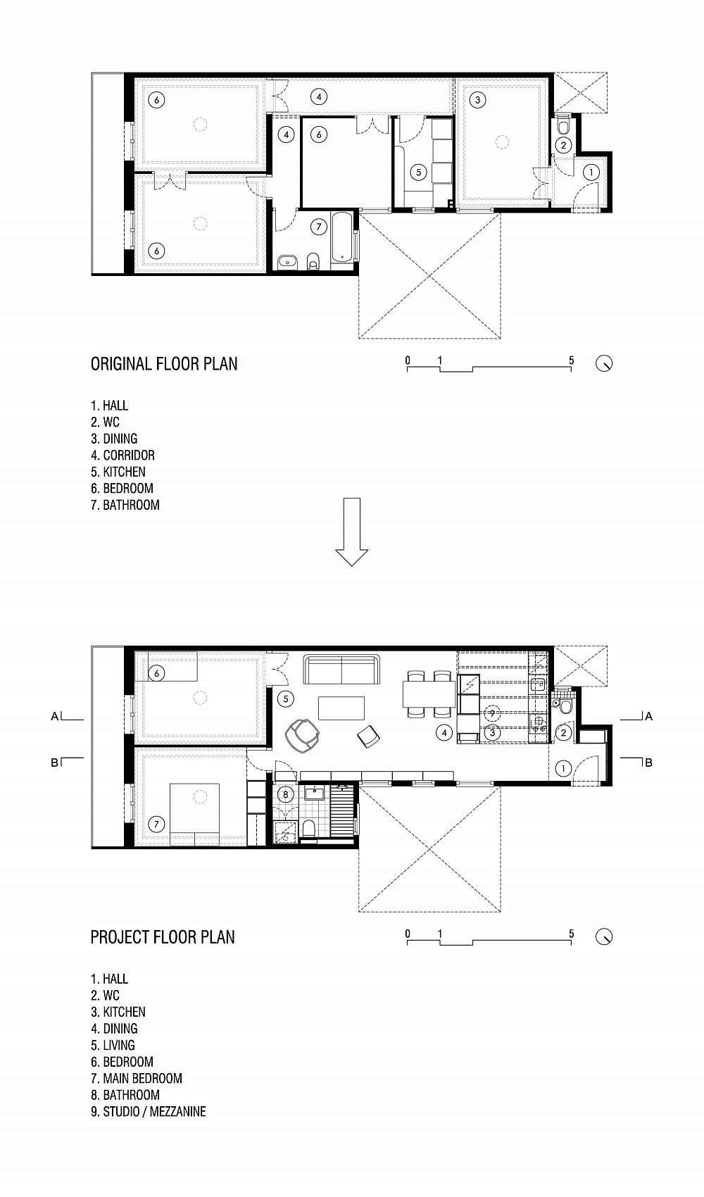 Original and revamped floor plan of modest apartment in Barcelona