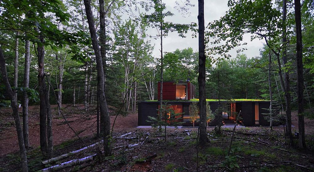 Pleated House surrounded by dense vegetation in a narrow peninsula on Lake Michigan