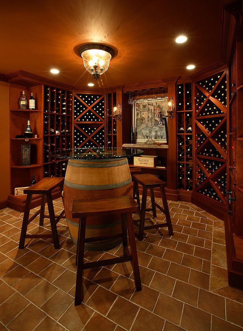 Repurposed wine barrel table for the wine cellar and tasting zone