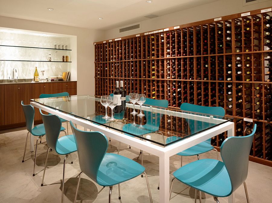 Series 7 chairs in blue create a cool wine tasting room [Design: Ehrlich Architects]