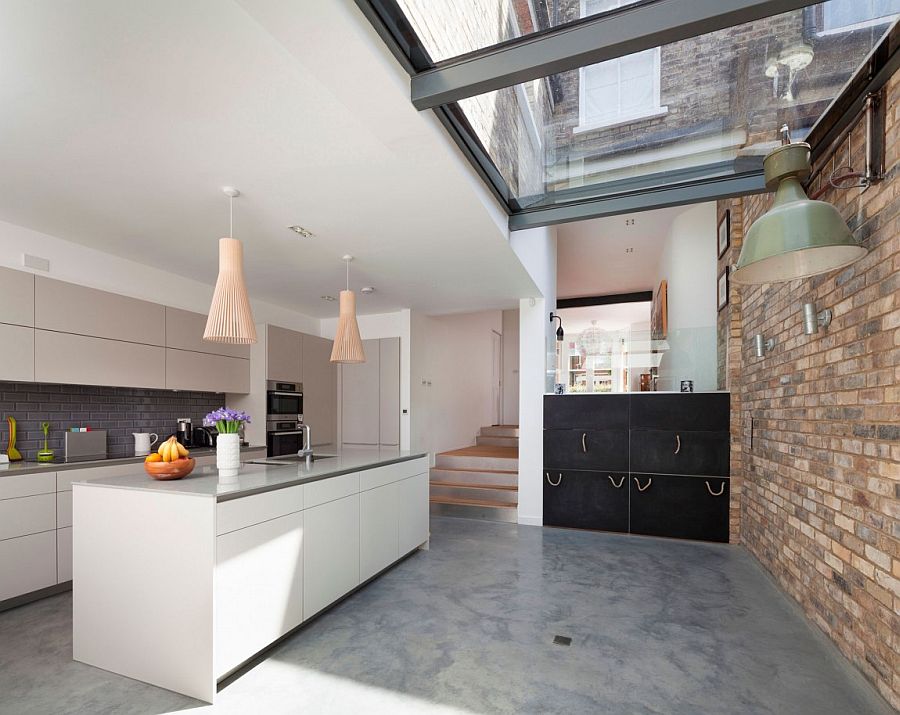 Skylight for modern kitchen with brick feature wall