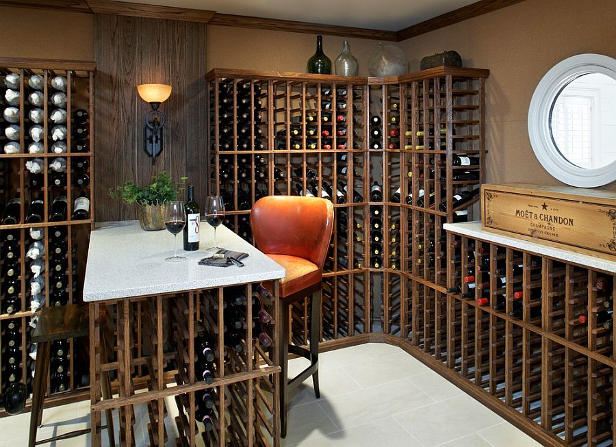 Small and comfy wine tasting area in the smart wine cellar [Design: Terrat Elms Interior Design]