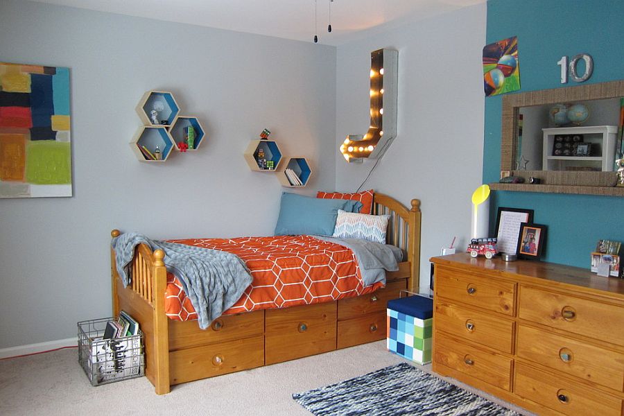 Small hexagonal shelves can make a big difference to the modest kids' room [Design: Your Favorite Room By Cathy Zaeske]