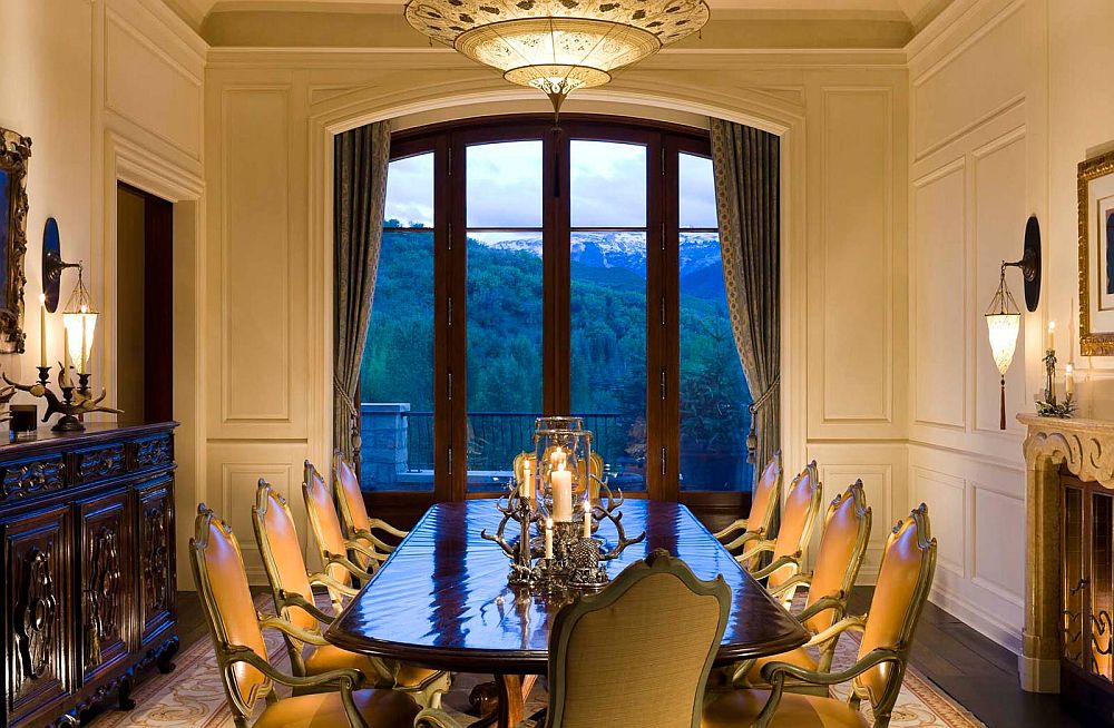 Traditional, formal dining room with a view of the distant mountains