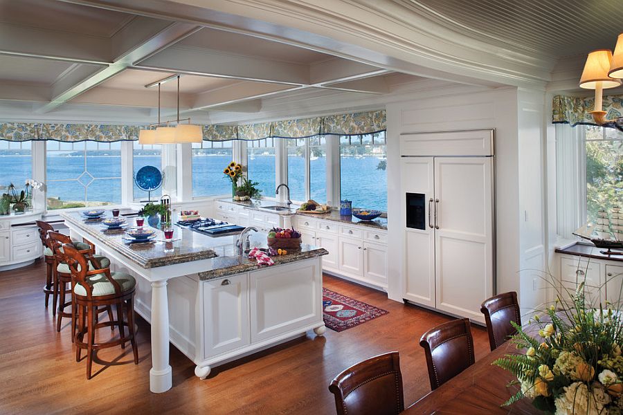 Traditional kitchen with ocean view and an island with breakfast counter