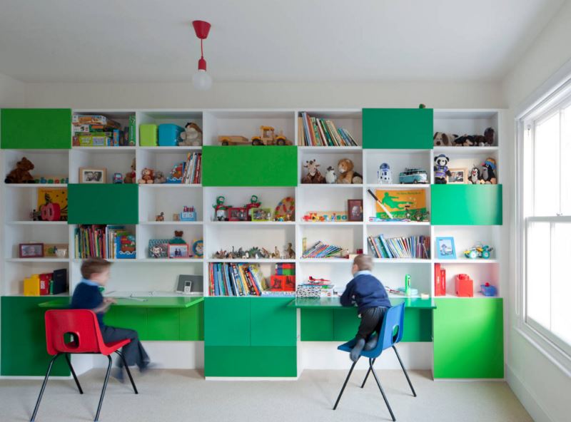 Two fold-down desks for two children