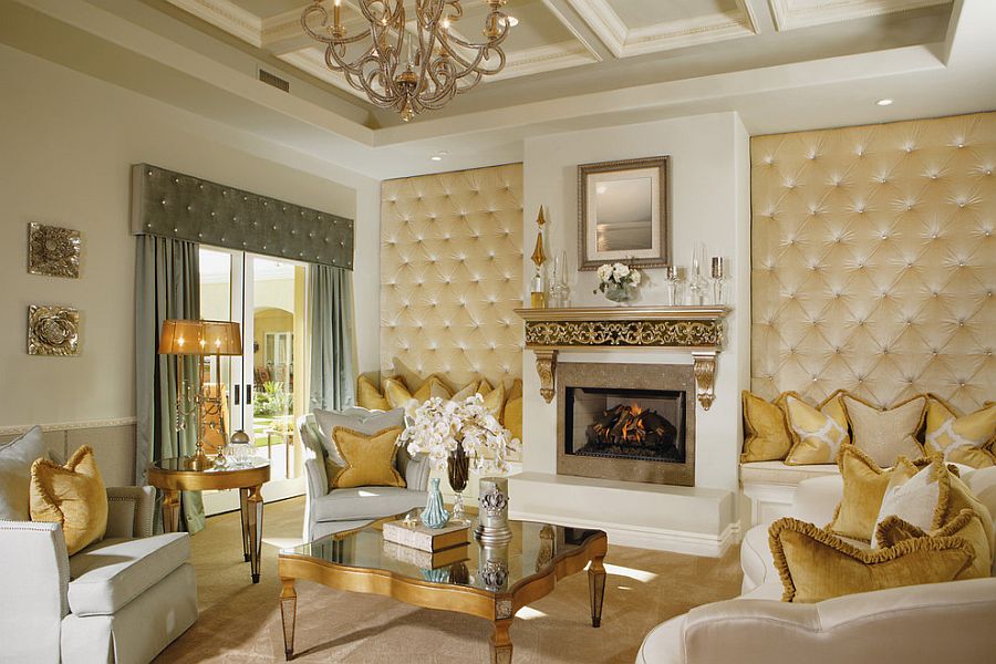 Upholstered walls in the comfy living room with golden charm [Design: Guided Home Design]