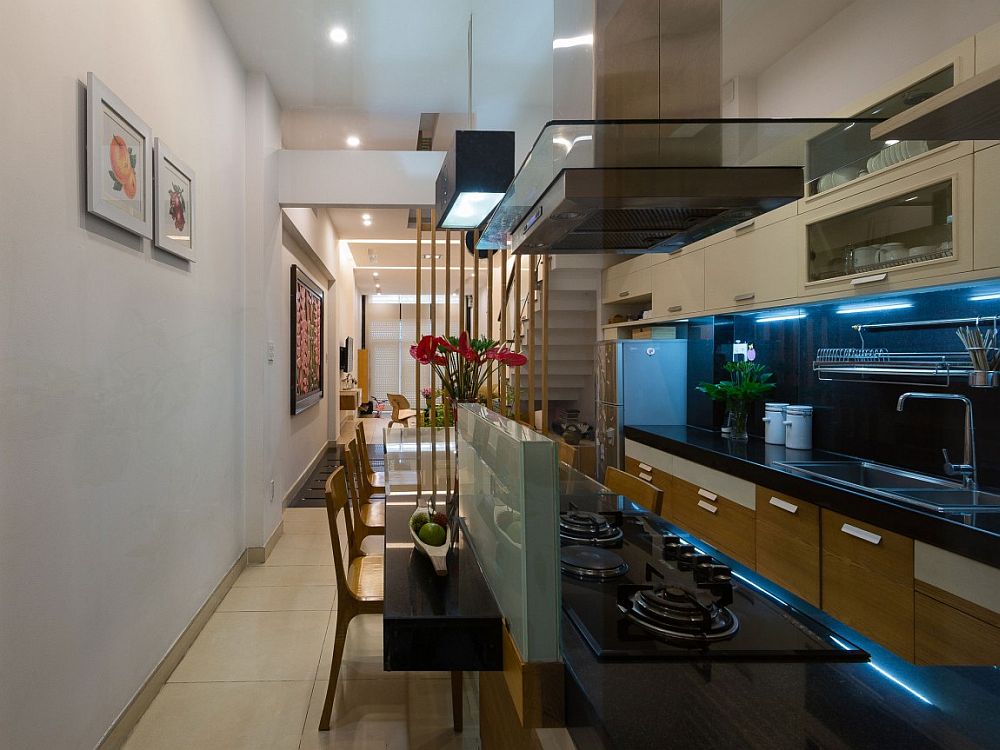 View of the kitchen, dining room and living area on the lower level