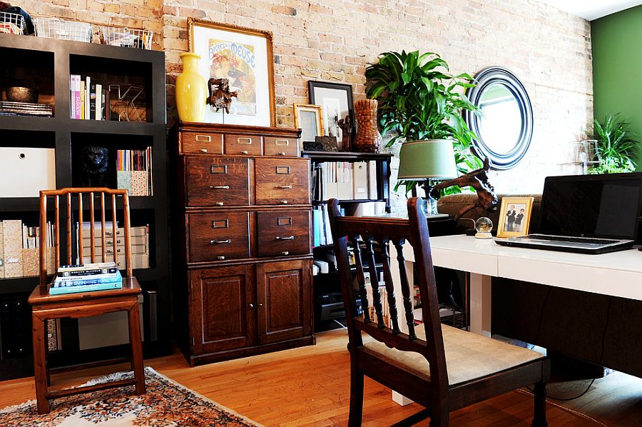 Vintage file cabinet is the showstopper in this eclectic home office