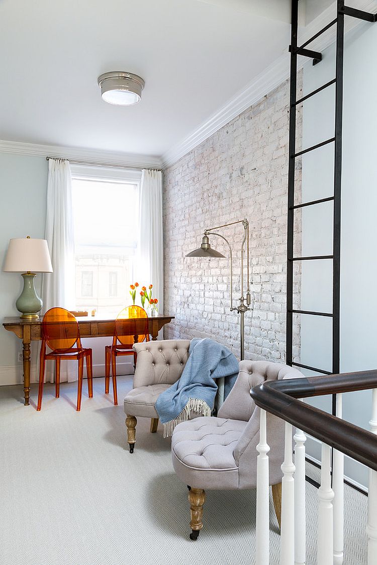 Whitewashed brick wall in the home office adds textural contrast without disturbing the color scheme [Design: Chango & Co]