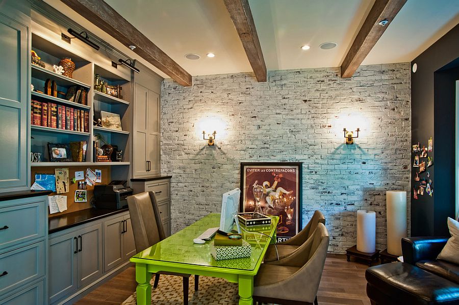 Work desk adds color to the contemporary home office with brick wall [Design: Jill Wolff Interior Design]