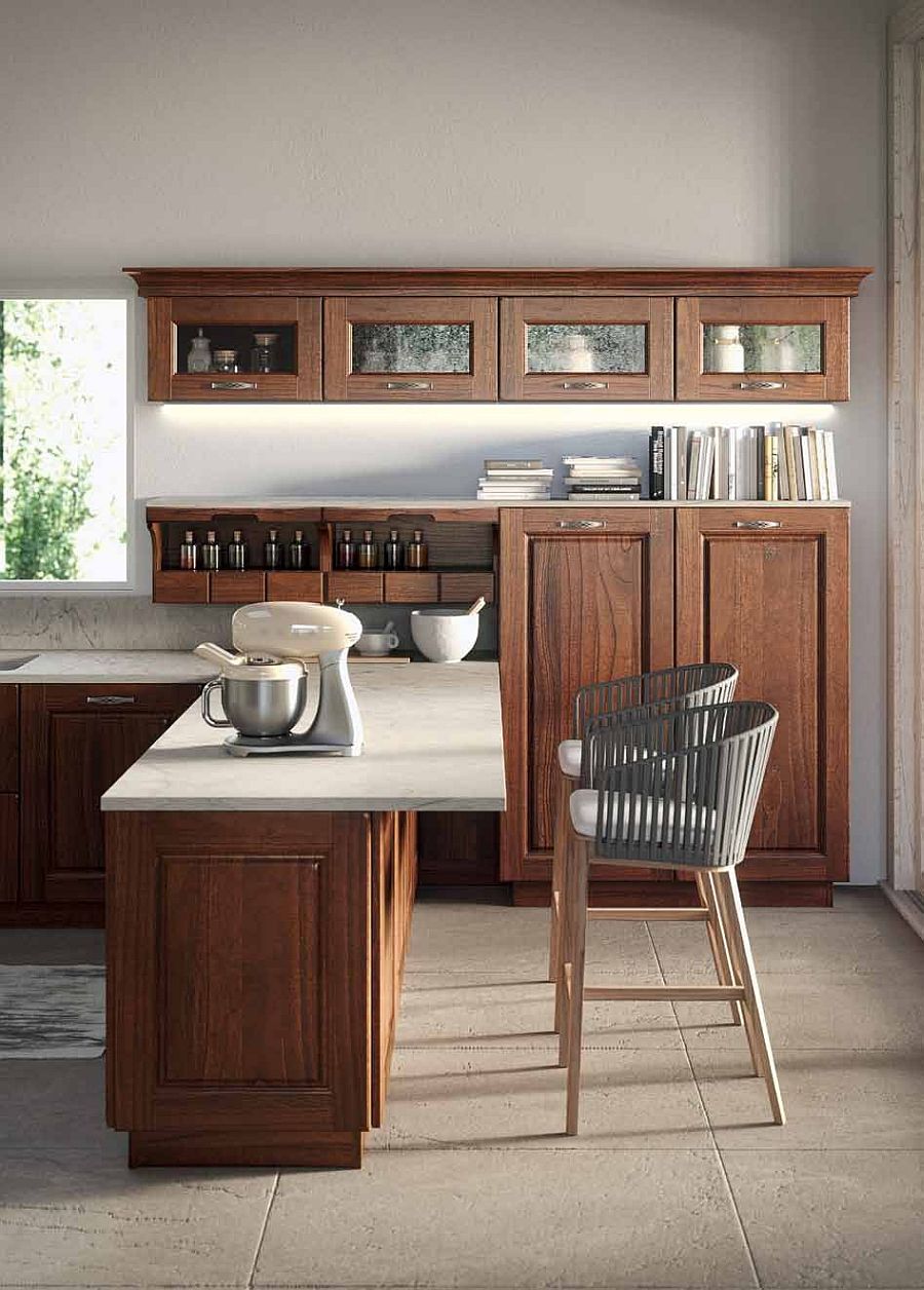 Beautiful kitchen with stone worktop, wooden shelves and smart island