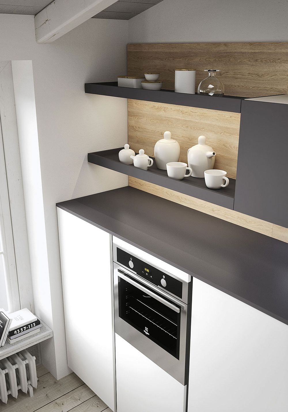 Combining open shelves with cabinets gives a smart and stylish kitchen