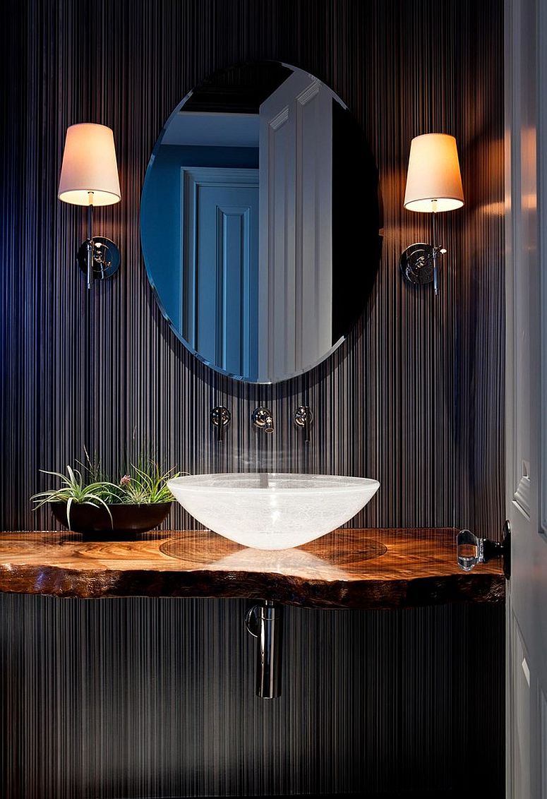 Contemporary elegance coupled with tropical charm in the powder room